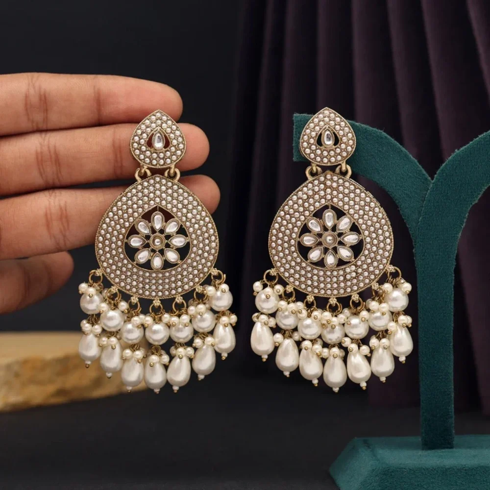 Gold-Tone Kundan Chandbali Earrings | Traditional Indian Pearl Drop Jewelry